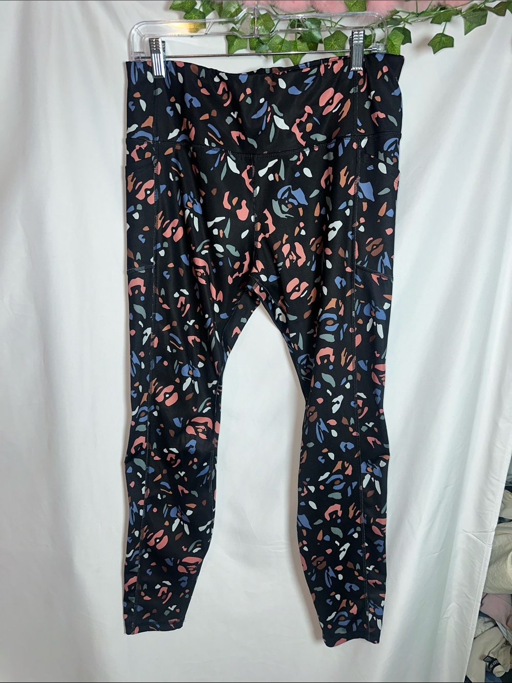 Avia Women’s Printed Black Leggings with Coral & Blue Accent